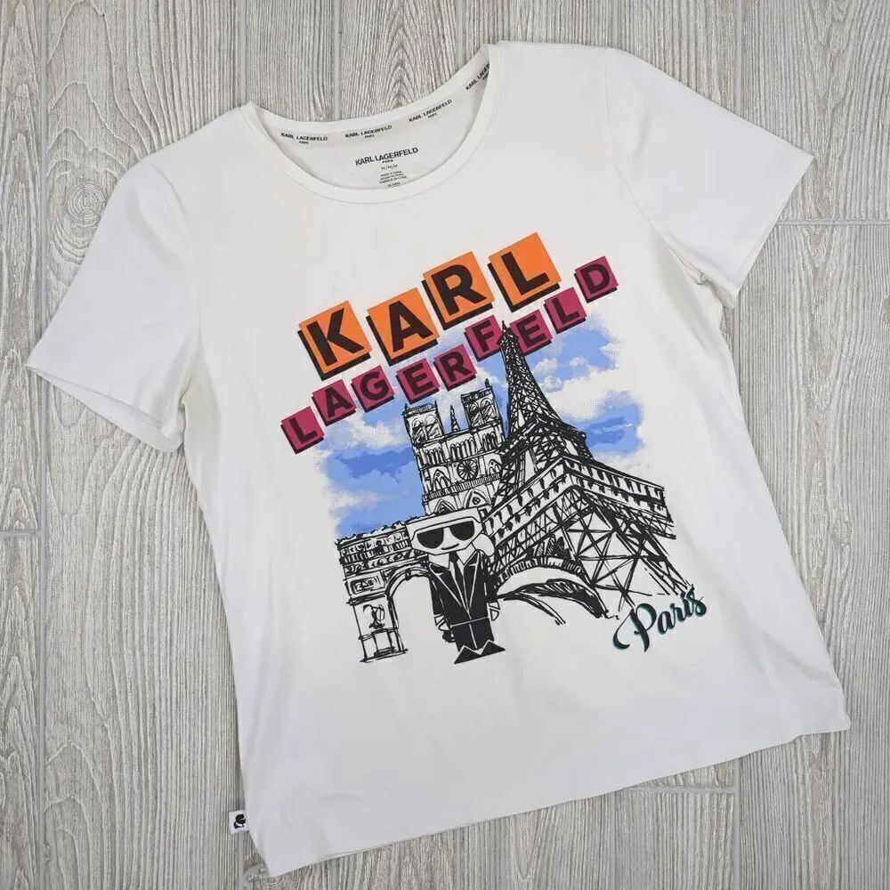 Karl Lagerfeld Paris White Graphic T-Shirt Paris Cityscape Womens Medium
